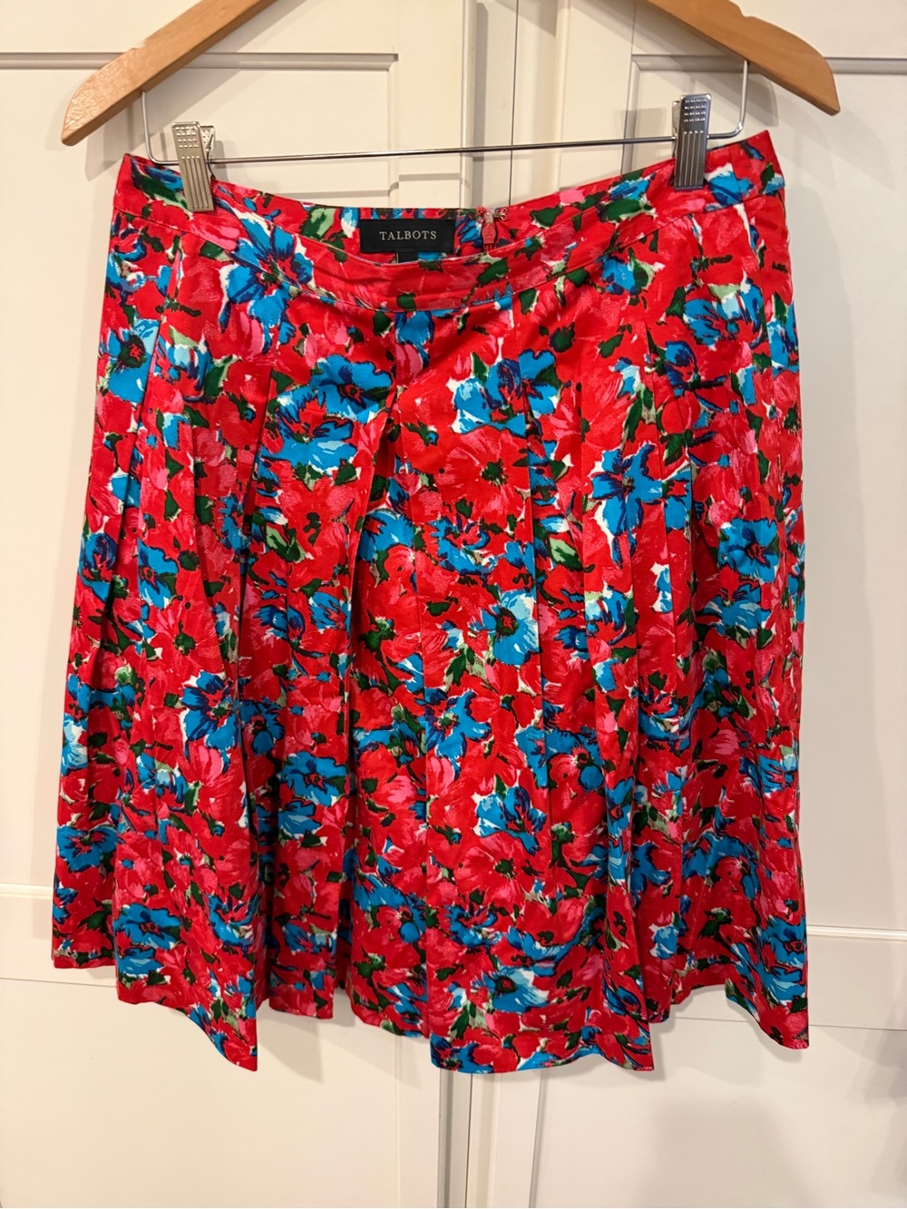 Talbots Red Floral Midi Skirt with Blue and Green Accents